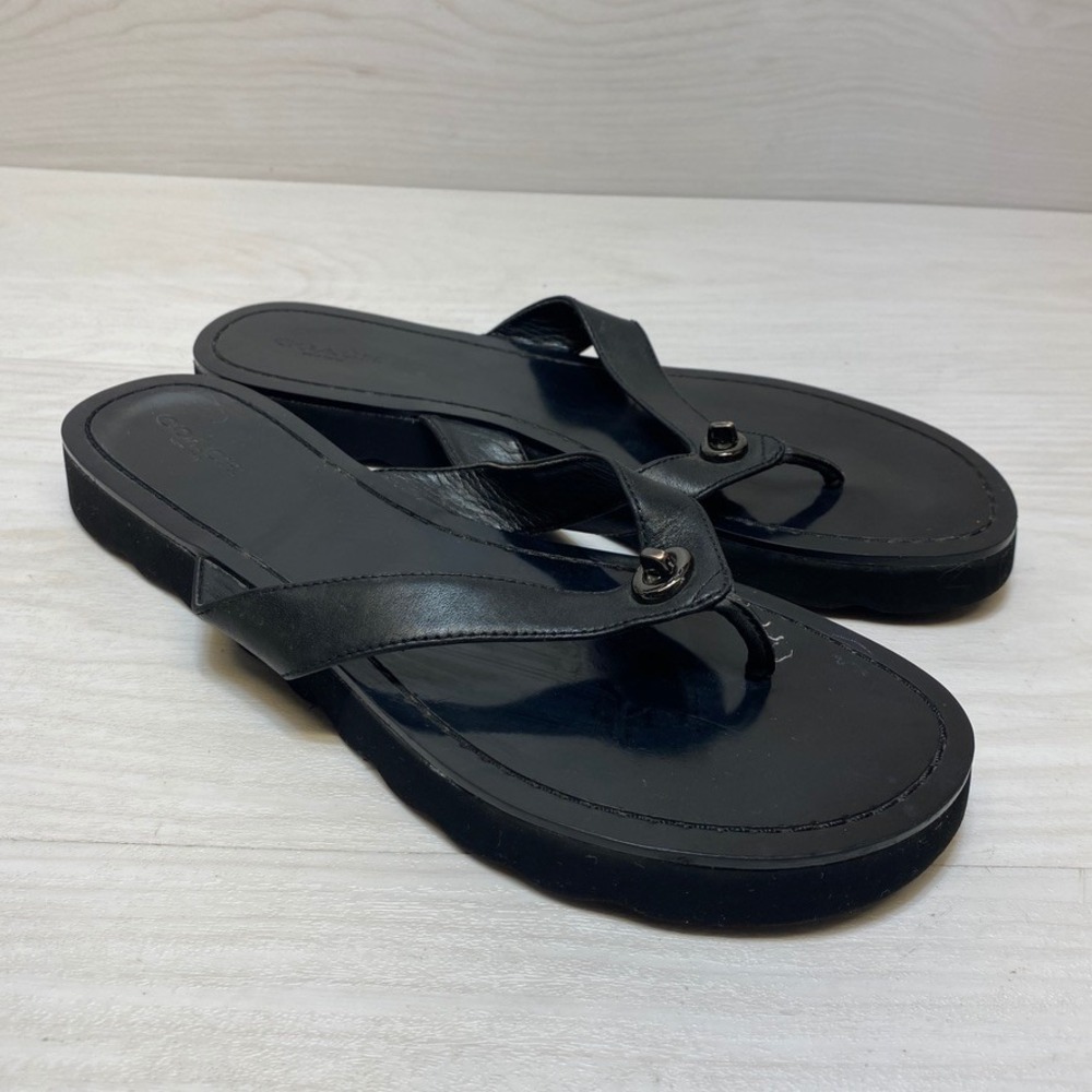 Coach Shelly Black Leather Turnlock Flip Flop Platform Sandals Q8089 Womens 9.5B